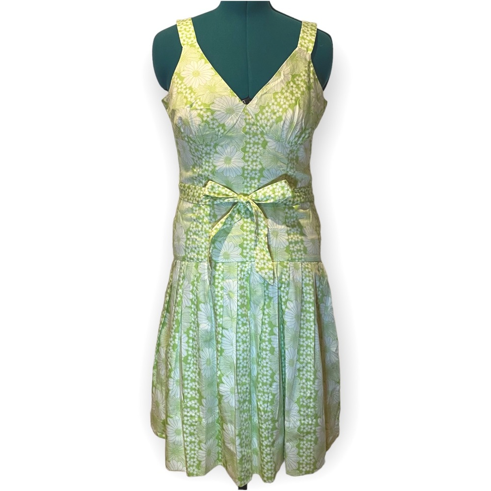 NWOT Bandolino Green White Drop Waist Retro Summer Dress With Daisy Print Size 8